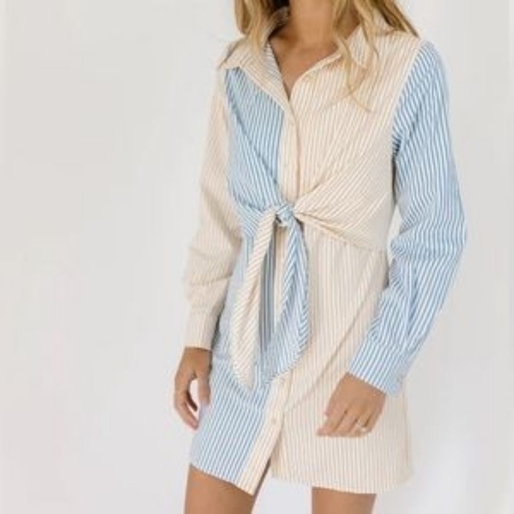 Blue Blush Striped Button Down T Shirt Dress